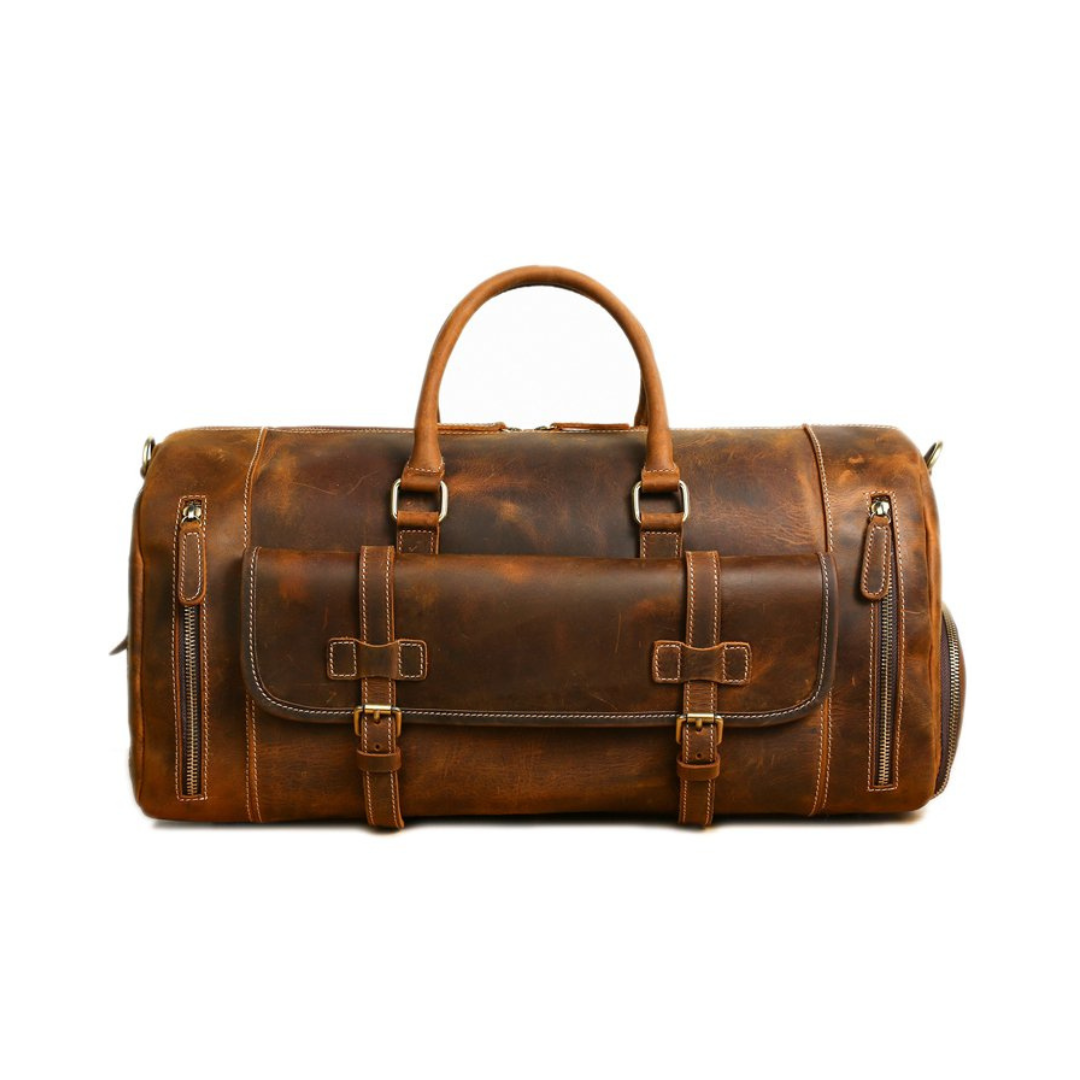 Handmade Vintage Brown Leather Duffle Bag with Shoes Compartment, Travel Bag