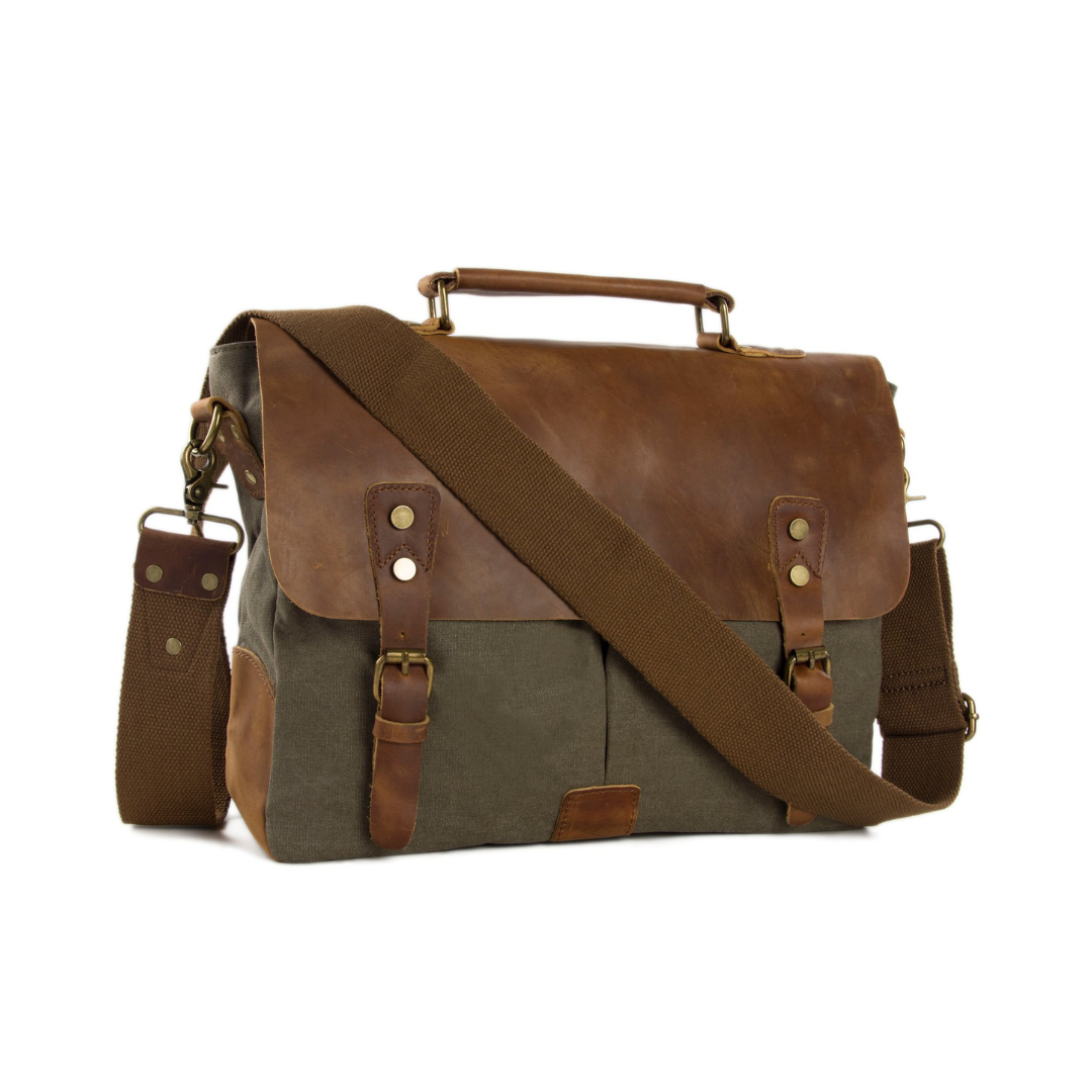 Handmade Canvas Leather Bag Briefcase Messenger Bag Shoulder Bag Laptop Bag