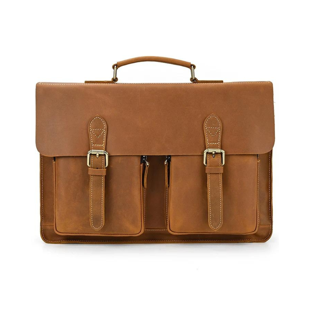 Handmade vintage design satchel made with selected genuine cow leather. The leather is very thick and top quality. It can be carried as a everyday bag for men perfectly. The bag can be fit  14''-15'' inches laptop, also there are many pockets inside and outside of the bag, which makes it very suited for storage and organization.