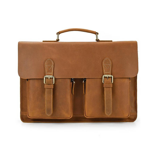 Handmade vintage design satchel made with selected genuine cow leather. The leather is very thick and top quality. It can be carried as a everyday bag for men perfectly. The bag can be fit 14''-15'' inches laptop, also there are many pockets inside and outside of the bag, which makes it very suited for storage and organization.