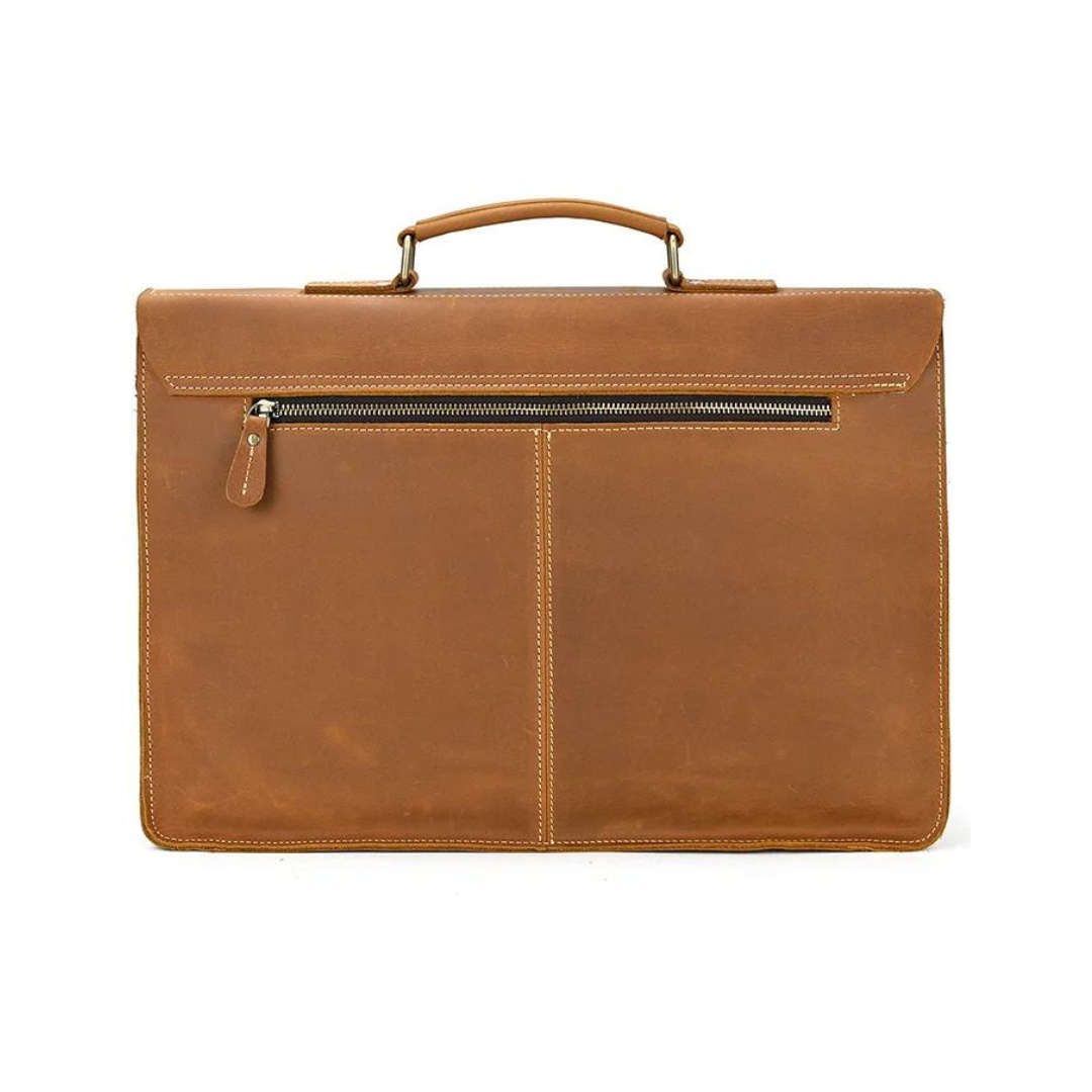 Handmade vintage design satchel made with selected genuine cow leather. The leather is very thick and top quality. It can be carried as a everyday bag for men perfectly. The bag can be fit 14''-15'' inches laptop, also there are many pockets inside and outside of the bag, which makes it very suited for storage and organization.