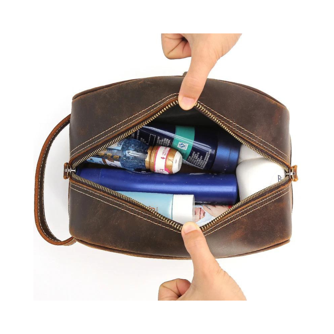 Men Leather Toiletry Bag Double Compartment Toiletry Travel Case