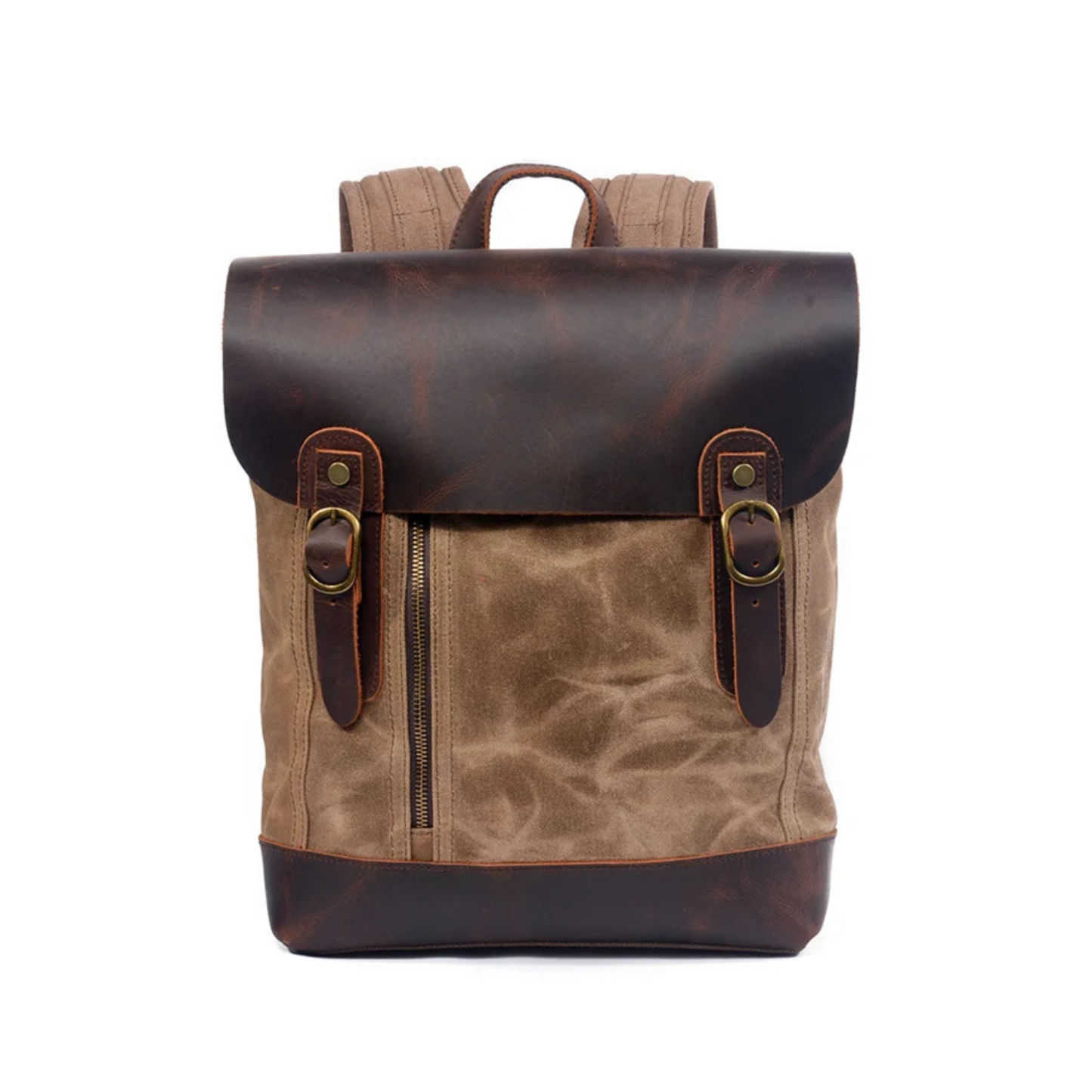 Waxed Canvas and Leather Casual Backpack - Khaki - Blue Sebe Handmade Leather Bags