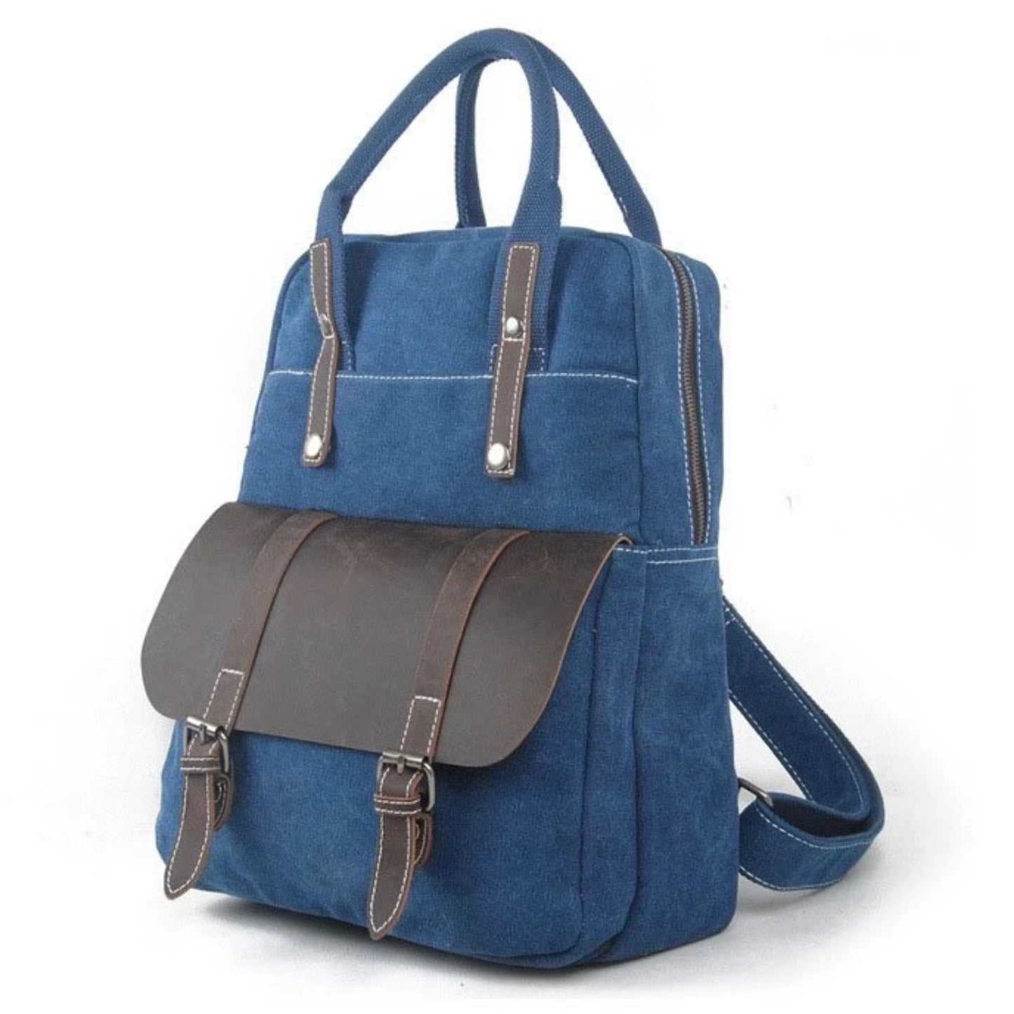 Waxed Canvas School Backpack Top Handle Handbag - Blue Sebe Handmade Leather Bags