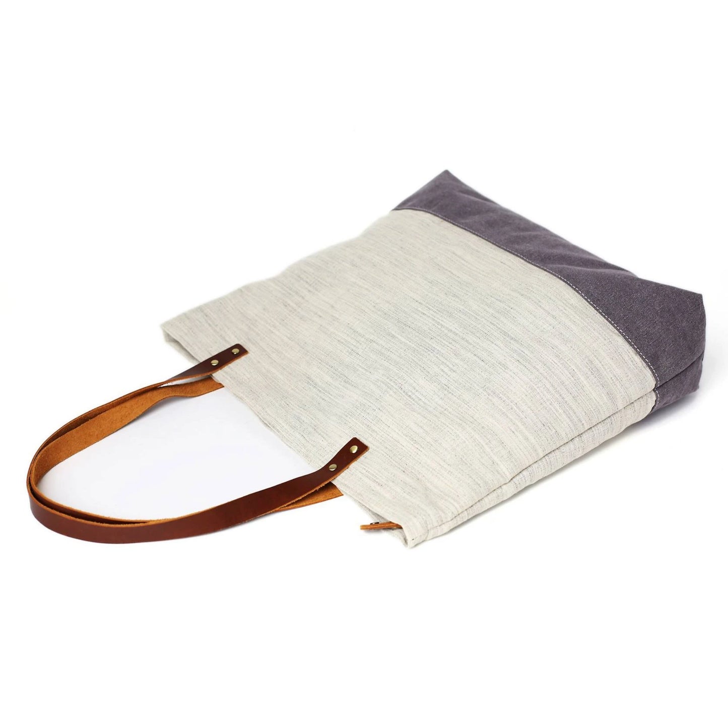 Handmade Canvas Women's Tote Handbag | White with Grey - Blue Sebe Handmade Leather Bags