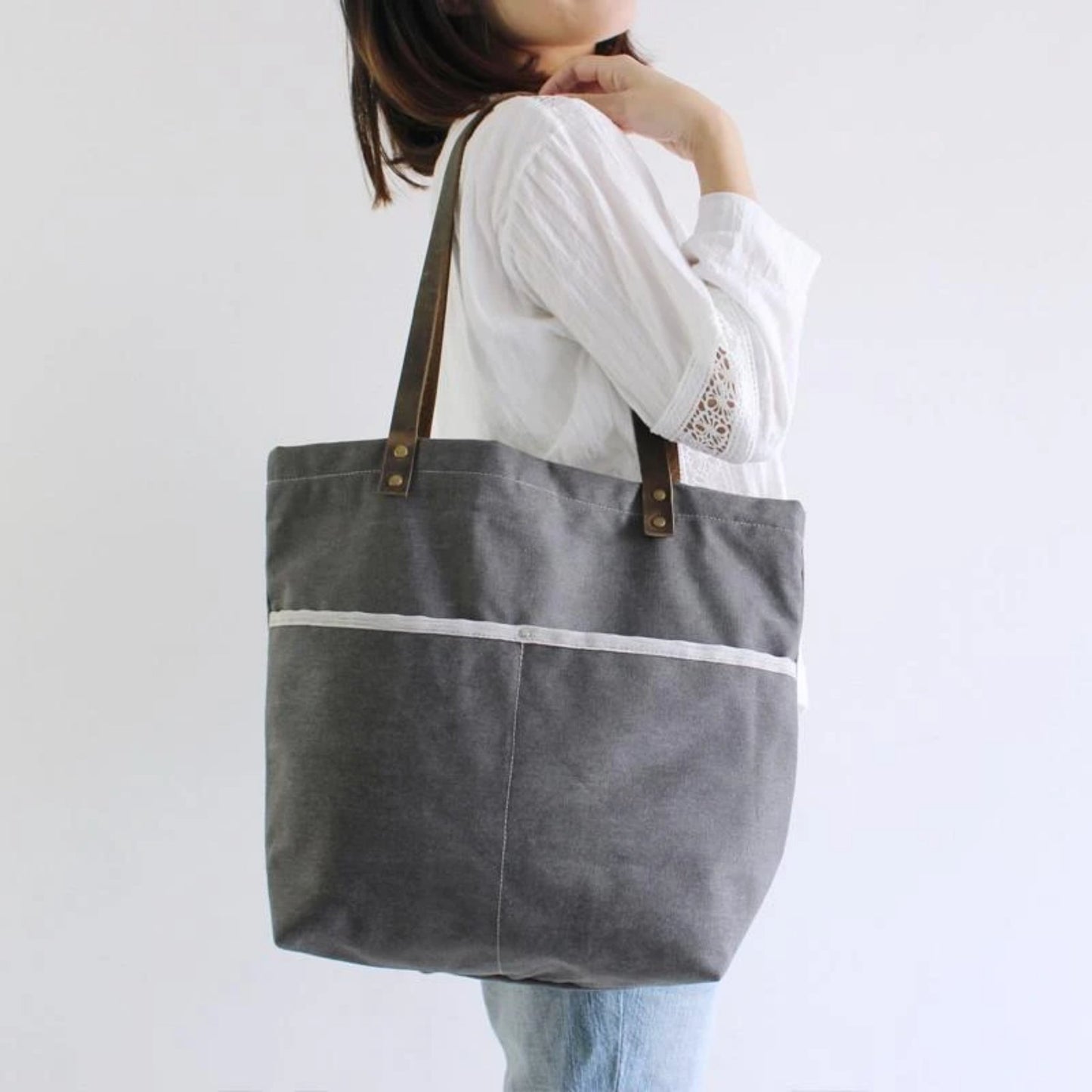Waxed Canvas Grey Tote Shoulder Bag with Leather Handle - Blue Sebe Handmade Leather Bags
