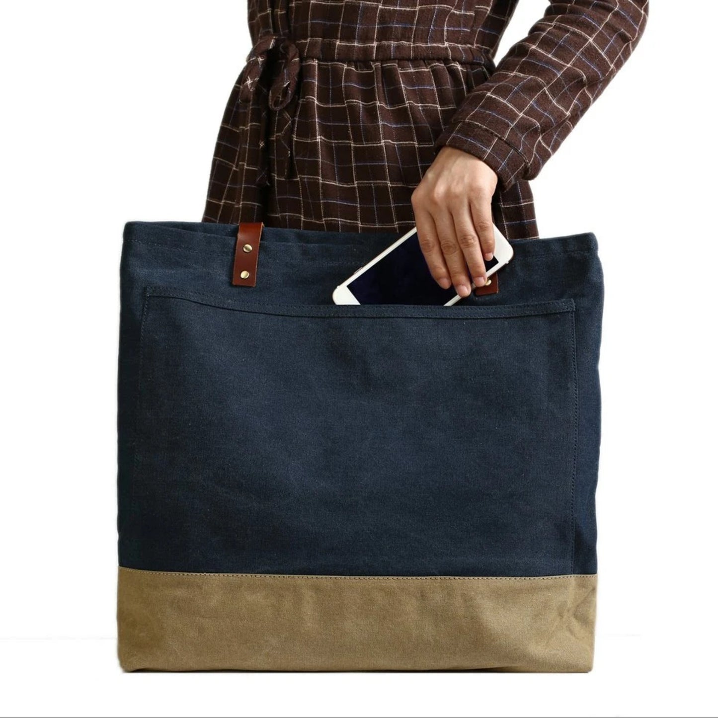 Handmade Canvas Tote Bag with Leather Handle - Blue Sebe Handmade Leather Bags