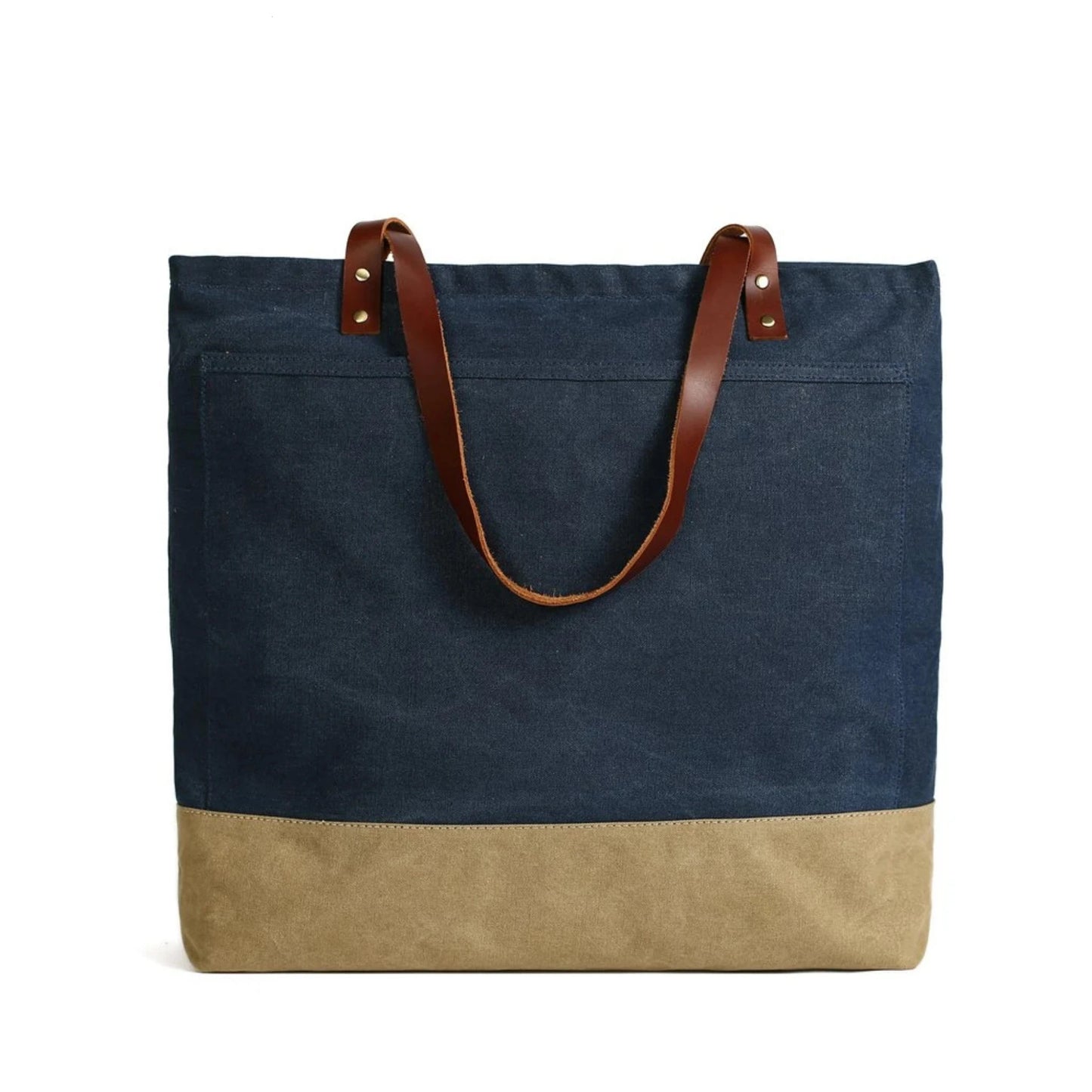 Handmade Canvas Tote Bag with Leather Handle - Blue Sebe Handmade Leather Bags