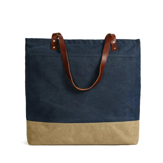 Handmade Canvas Tote Bag with Leather Handle - Blue Sebe Handmade Leather Bags