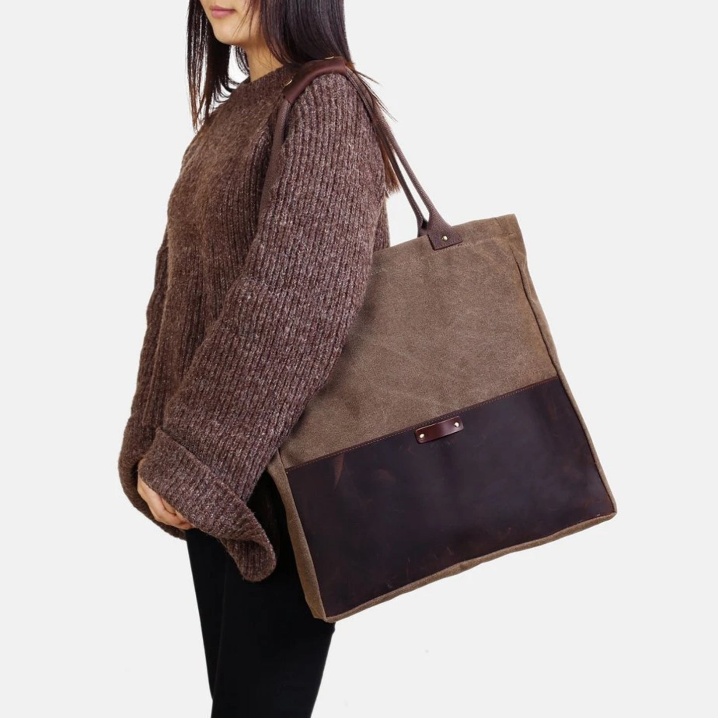 Handmade Waxed Canvas & Leather Tote Handbag - Blue Sebe Handmade Leather Bags