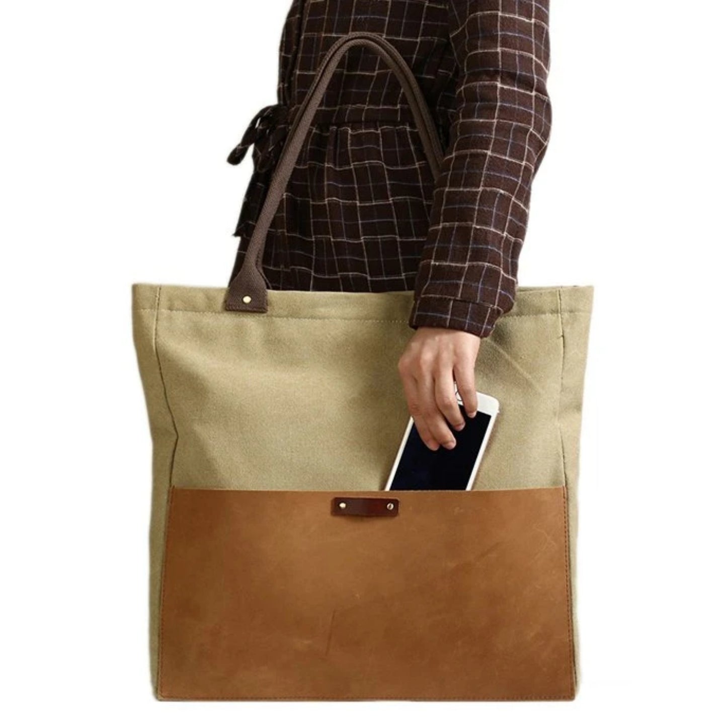 Handmade Waxed Canvas & Leather Tote Handbag - Blue Sebe Handmade Leather Bags