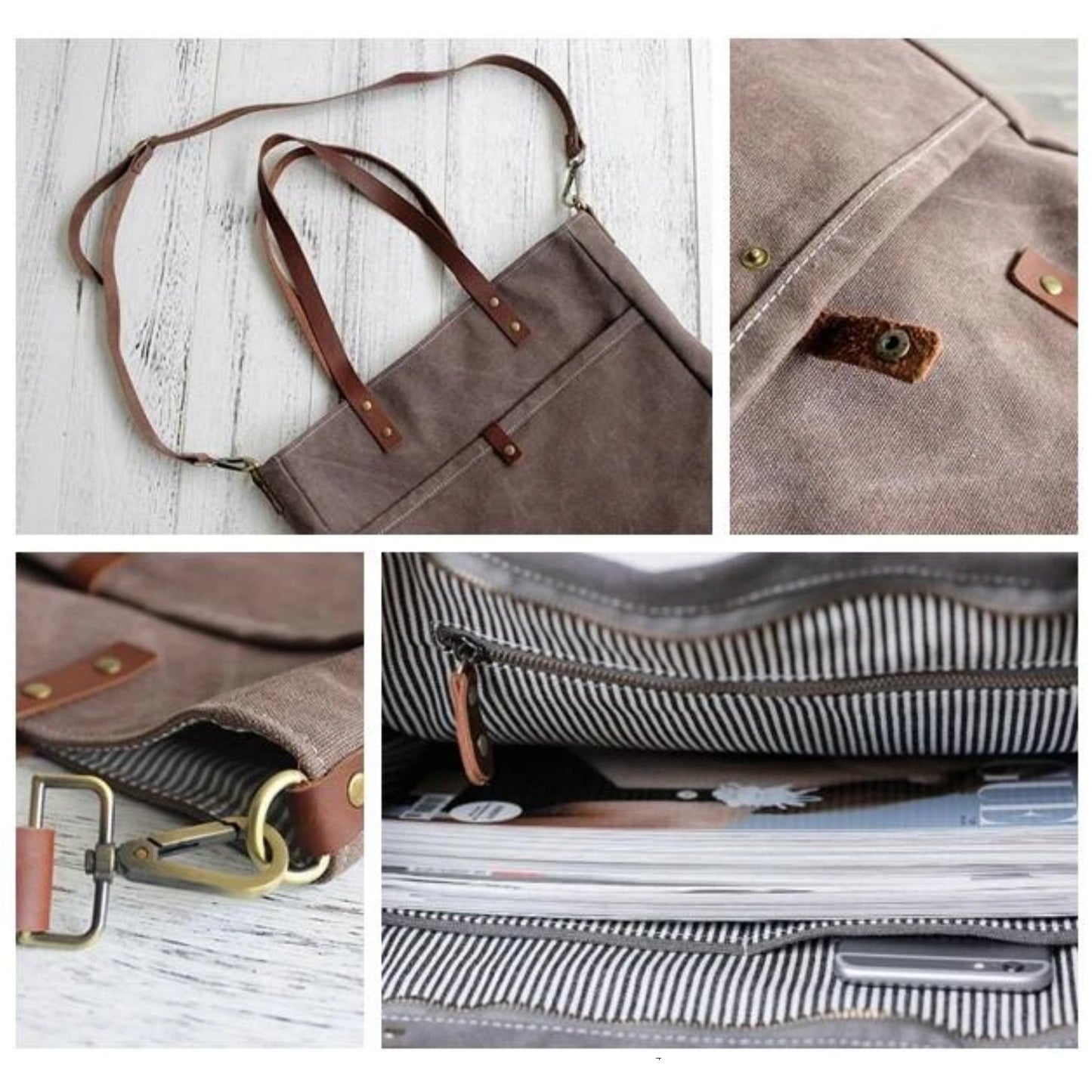 Handmade Canvas Leather Tote Messenger Handbag | Coffee - Blue Sebe Handmade Leather Bags