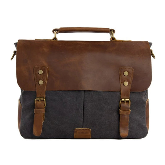 Handmade Waxed Canvas & Leather Satchel Messenger Bag - Dark Grey/Brown - Blue Sebe Handmade Leather Bags