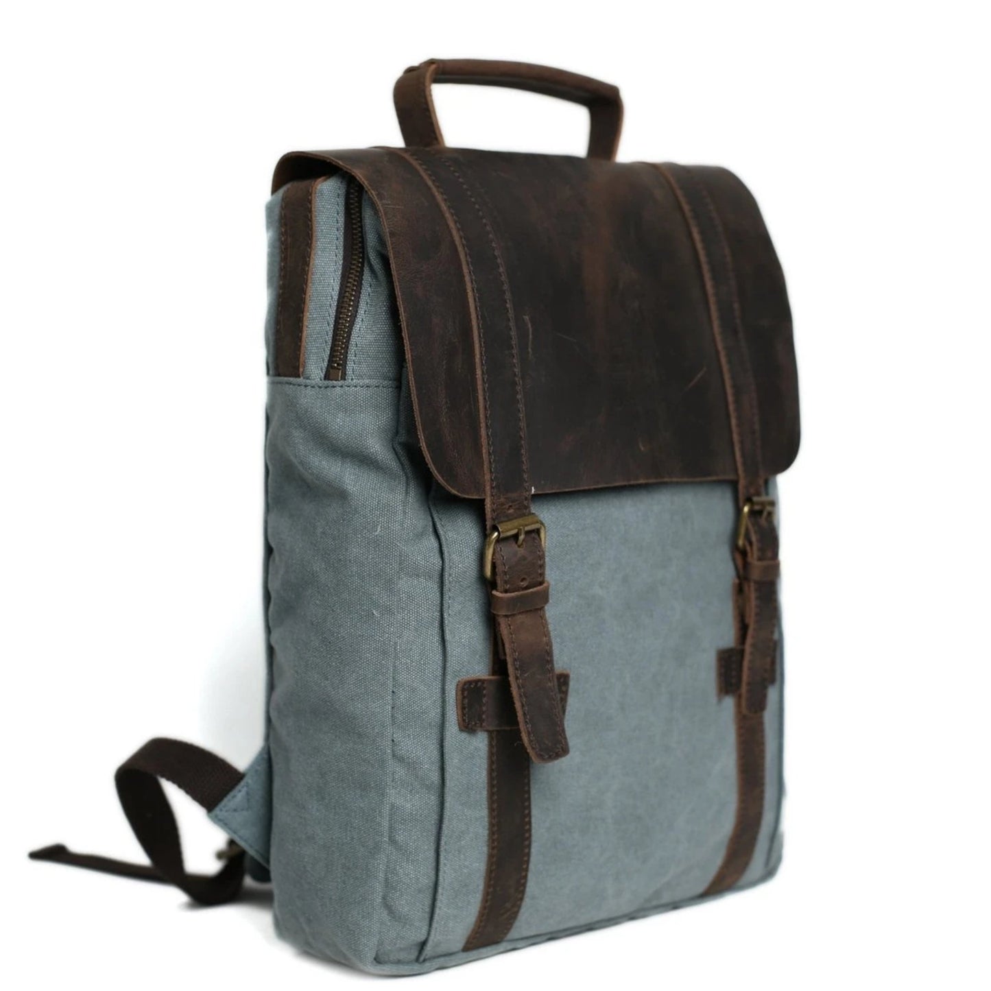Waxed Canvas and Leather Double strap Backpack - Blue - Blue Sebe Handmade Leather Bags