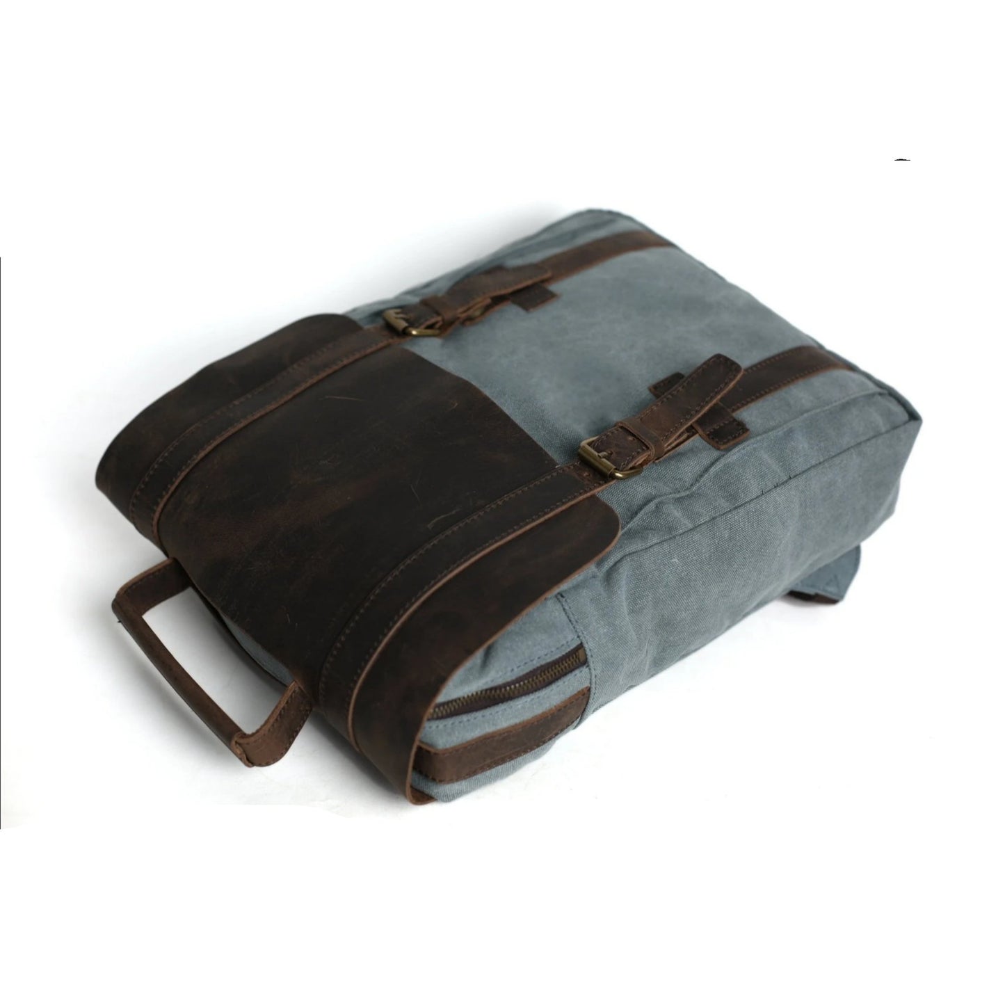 Waxed Canvas and Leather Double strap Backpack - Blue - Blue Sebe Handmade Leather Bags