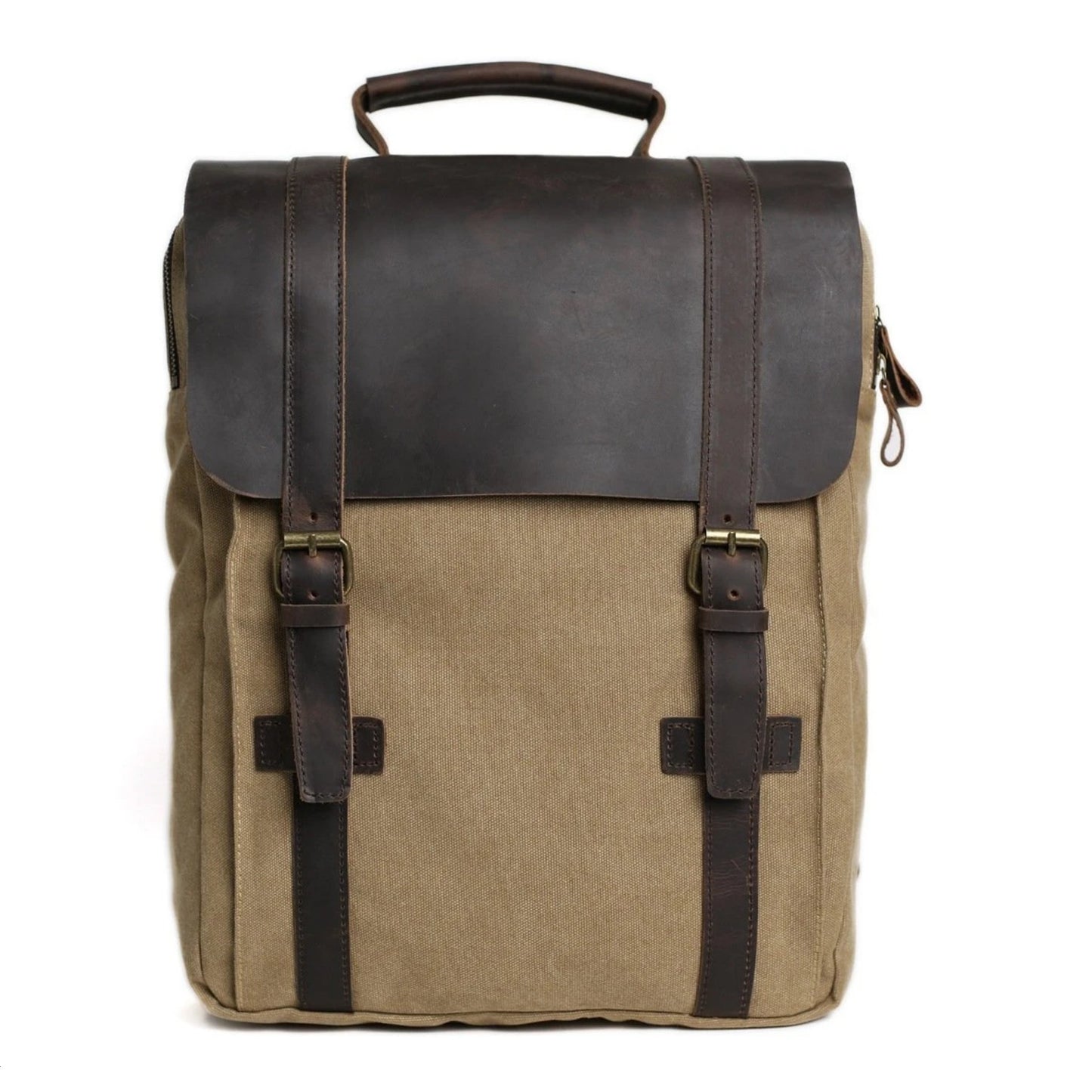 Waxed Canvas and Leather Double Strap Backpack - Khaki - Blue Sebe Handmade Leather Bags