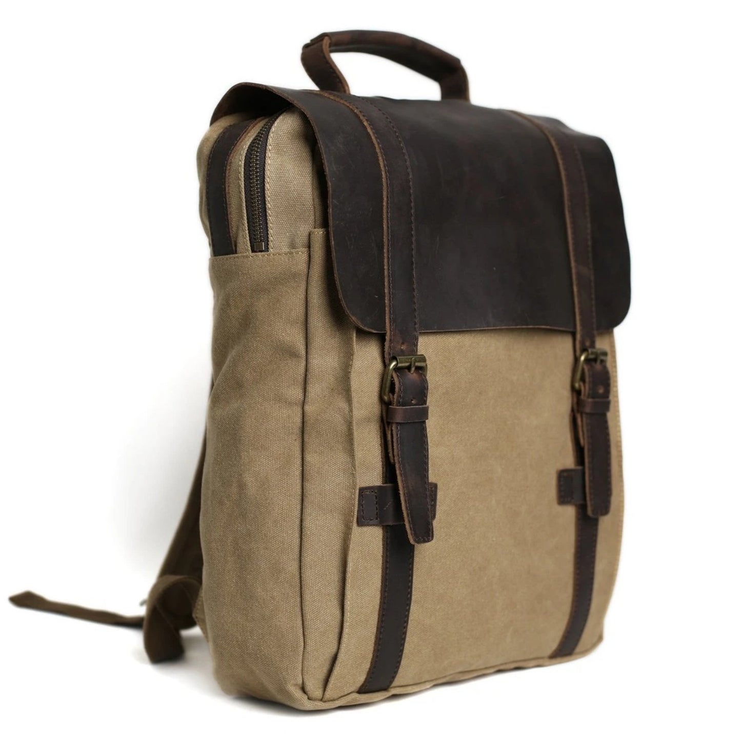 Waxed Canvas and Leather Double Strap Backpack - Khaki - Blue Sebe Handmade Leather Bags