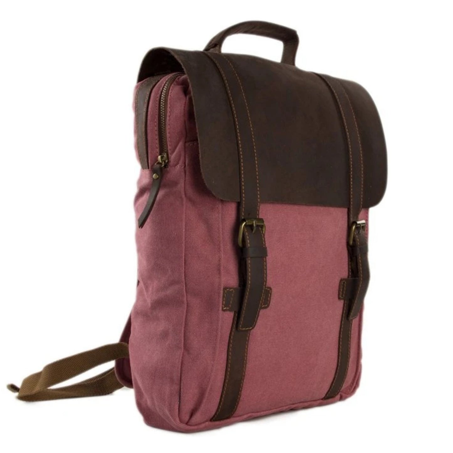 Waxed Canvas and Leather Double Strap Backpack - Pink - Blue Sebe Handmade Leather Bags