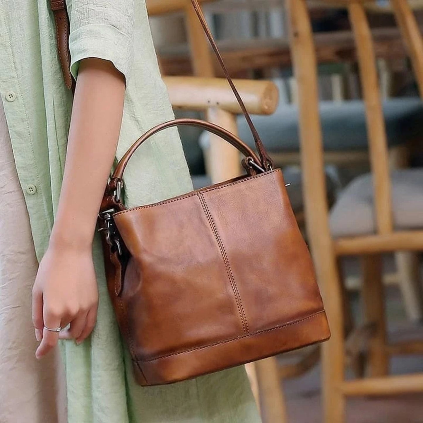 Handmade Full Grain Leather Chic Tote Handbag - Blue Sebe Handmade Leather Bags