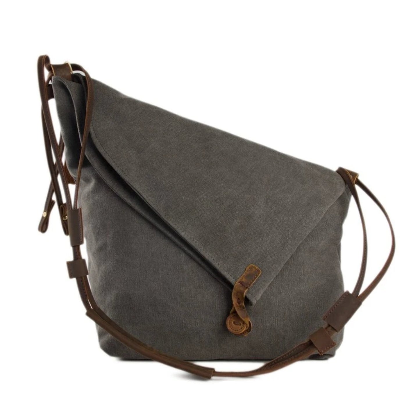 Waxed Canvas with Leather Strap Sling Bag - Dark Grey - Blue Sebe Handmade Leather Bags