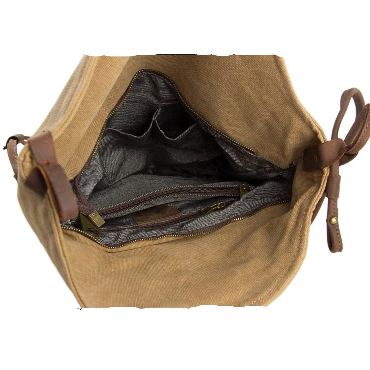 Waxed Canvas with Leather Strap Sling Bag - Khaki - Blue Sebe Handmade Leather Bags