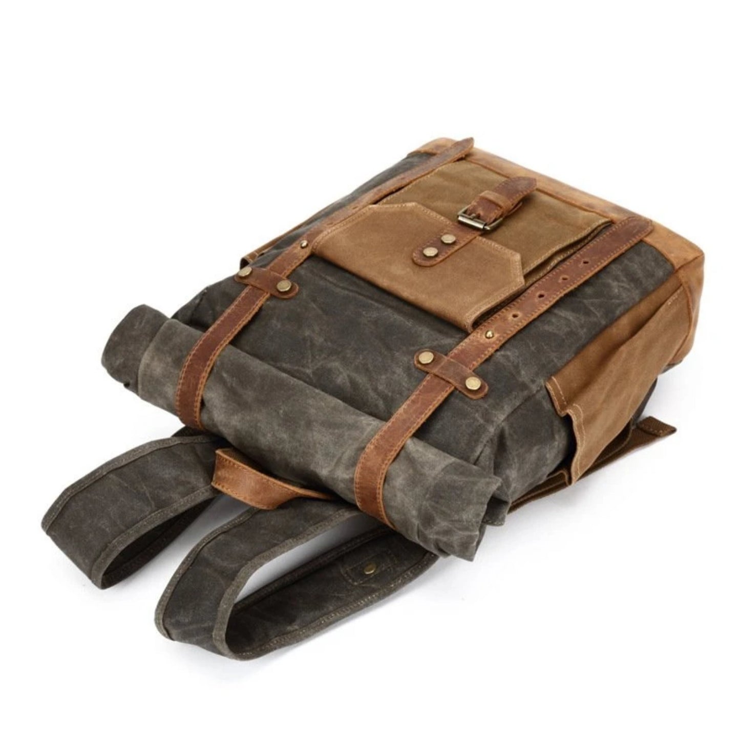 Waxed Canvas with Leather Trim Expandable Backpack - Blue Sebe Handmade Leather Bags