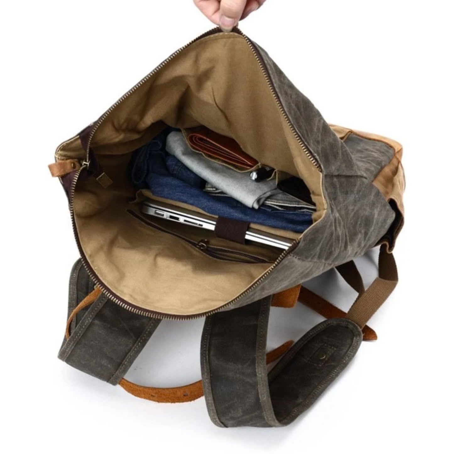 Waxed Canvas with Leather Trim Expandable Backpack - Blue Sebe Handmade Leather Bags