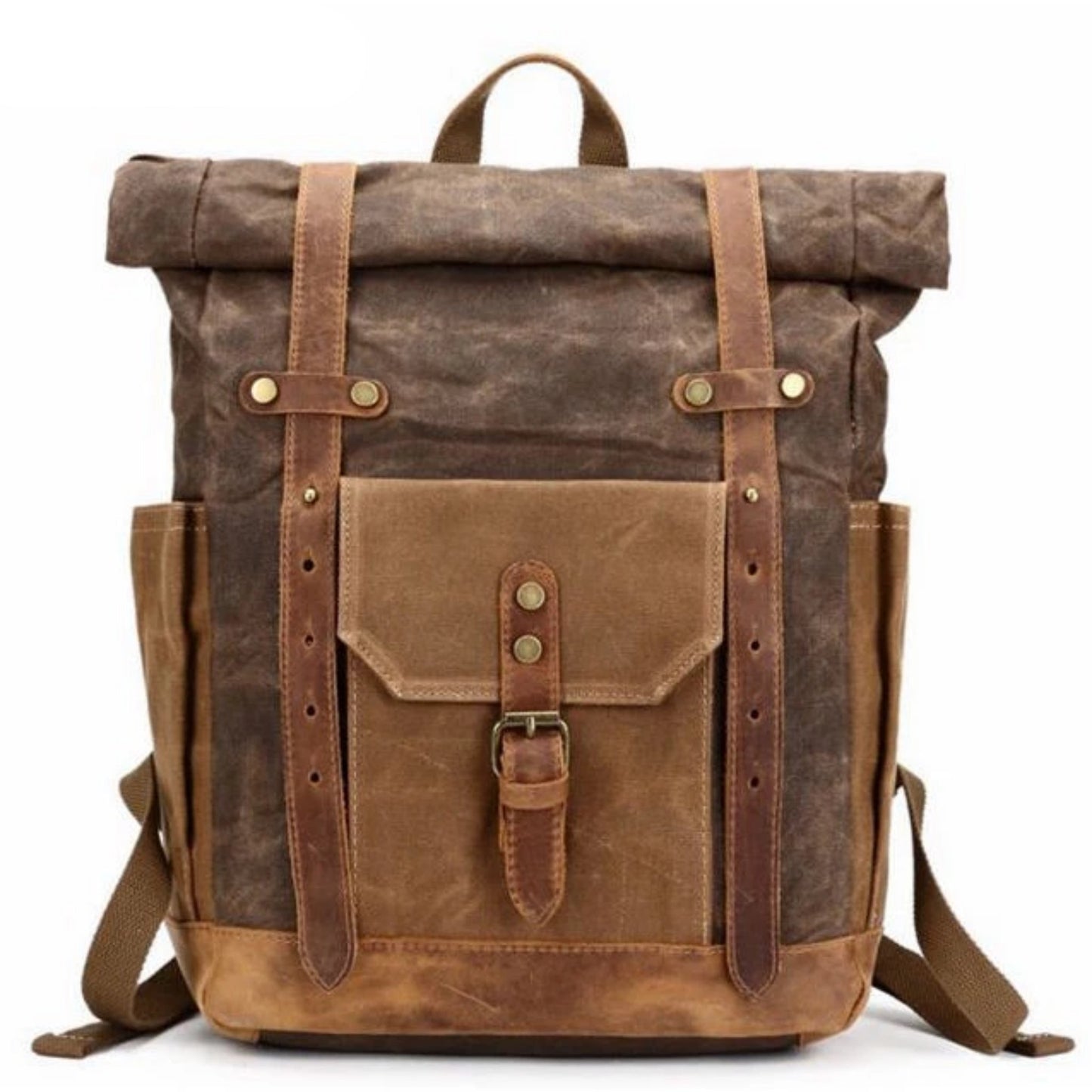 Waxed Canvas with Leather Trim Expandable Backpack - Blue Sebe Handmade Leather Bags