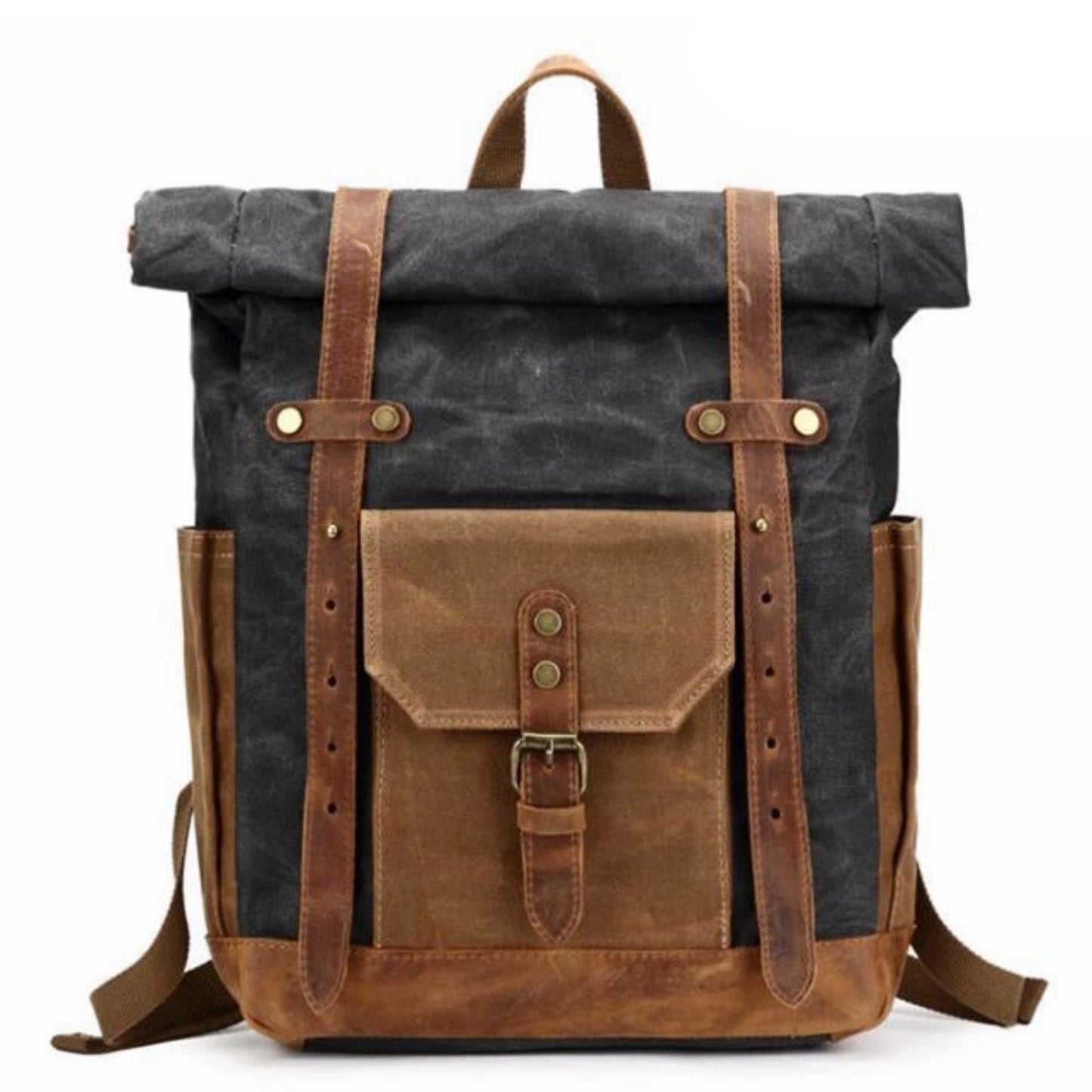 Waxed Canvas with Leather Trim Expandable Backpack - Blue Sebe Handmade Leather Bags