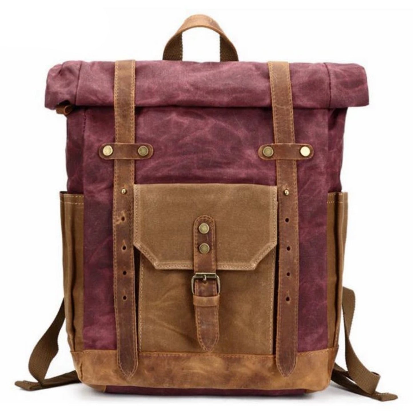 Waxed Canvas with Leather Trim Expandable Backpack - Blue Sebe Handmade Leather Bags