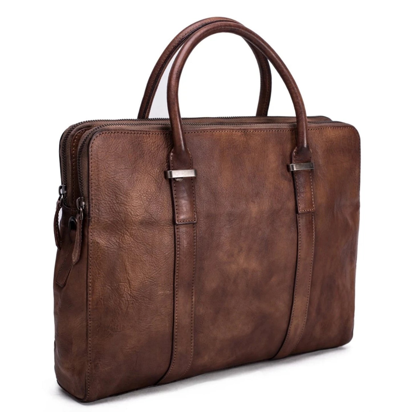 Vintage Vegetable Tanned Leather Briefcase - Vintage Brown - Blue Sebe Handmade Leather Bags