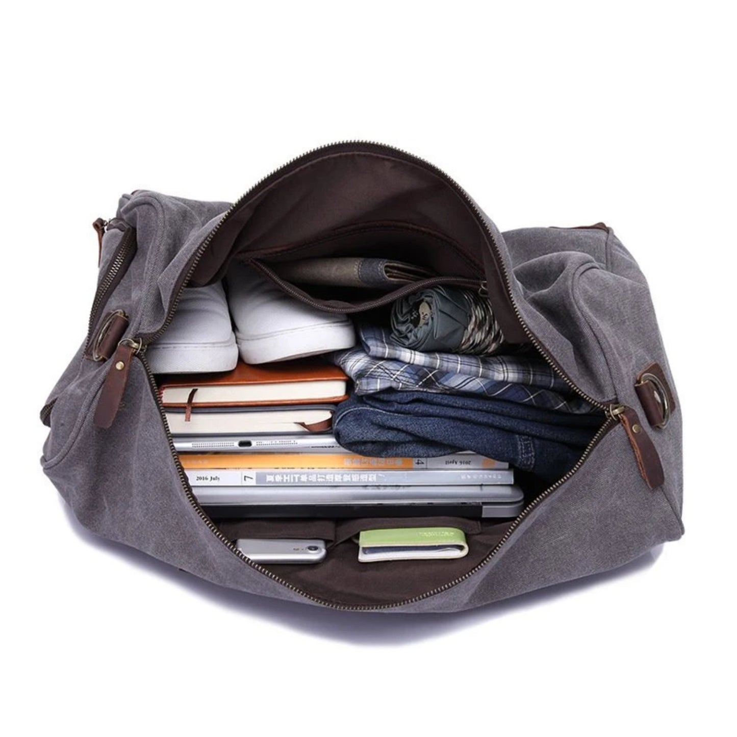 Canvas Leather Trim Travel Duffel with Shoe Pouch - Blue Sebe Handmade Leather Bags