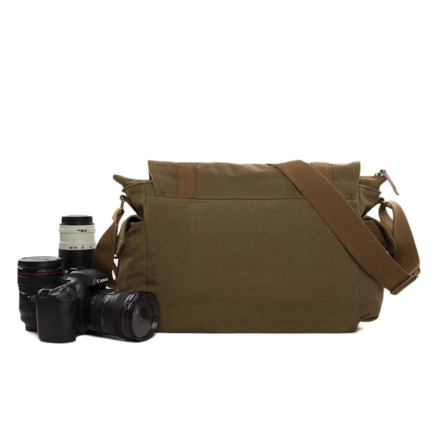 Waxed Canvas Simple DSLR Camera Messenger Bag, Diaper Bag - Army Green - Blue Sebe Handmade Leather Bags