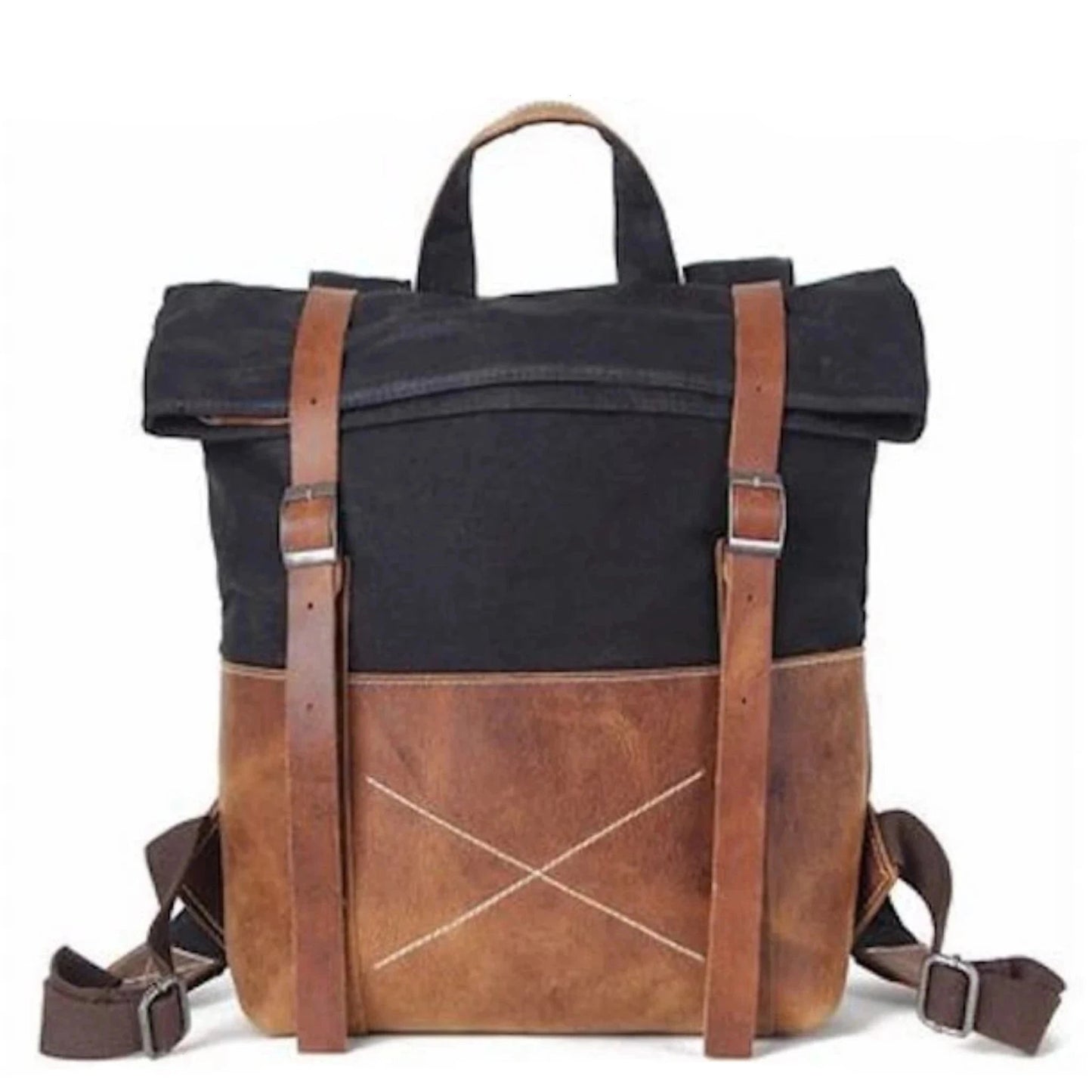 Waxed Canvas With Leather Durable Backpack - Blue Sebe Handmade Leather Bags