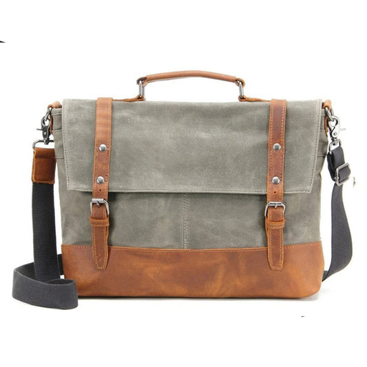 Waxed Canvas with Leather Trim Waterproof Men's Satchel Bag - Blue Sebe Handmade Leather Bags