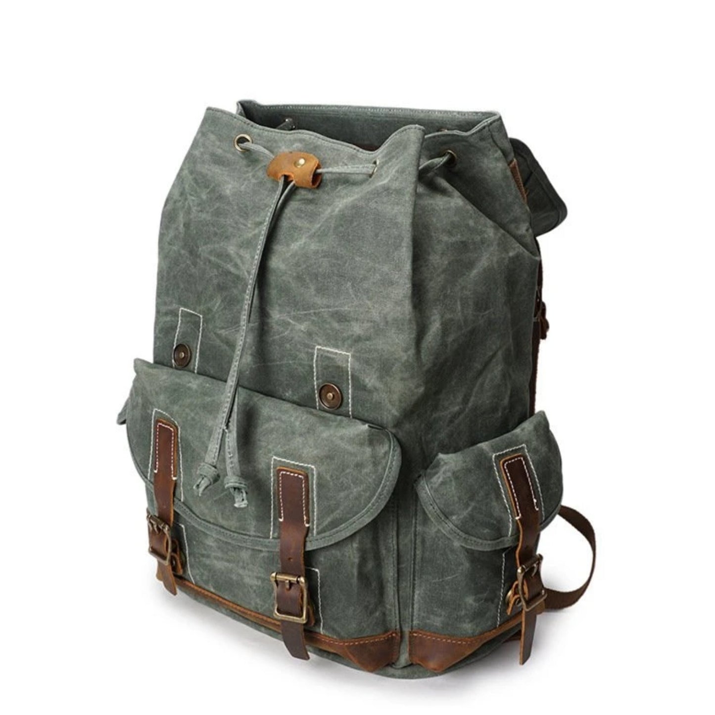 Vintage Oil Waxed Canvas With Leather Waterproof School Backpack - Blue Sebe Handmade Leather Bags