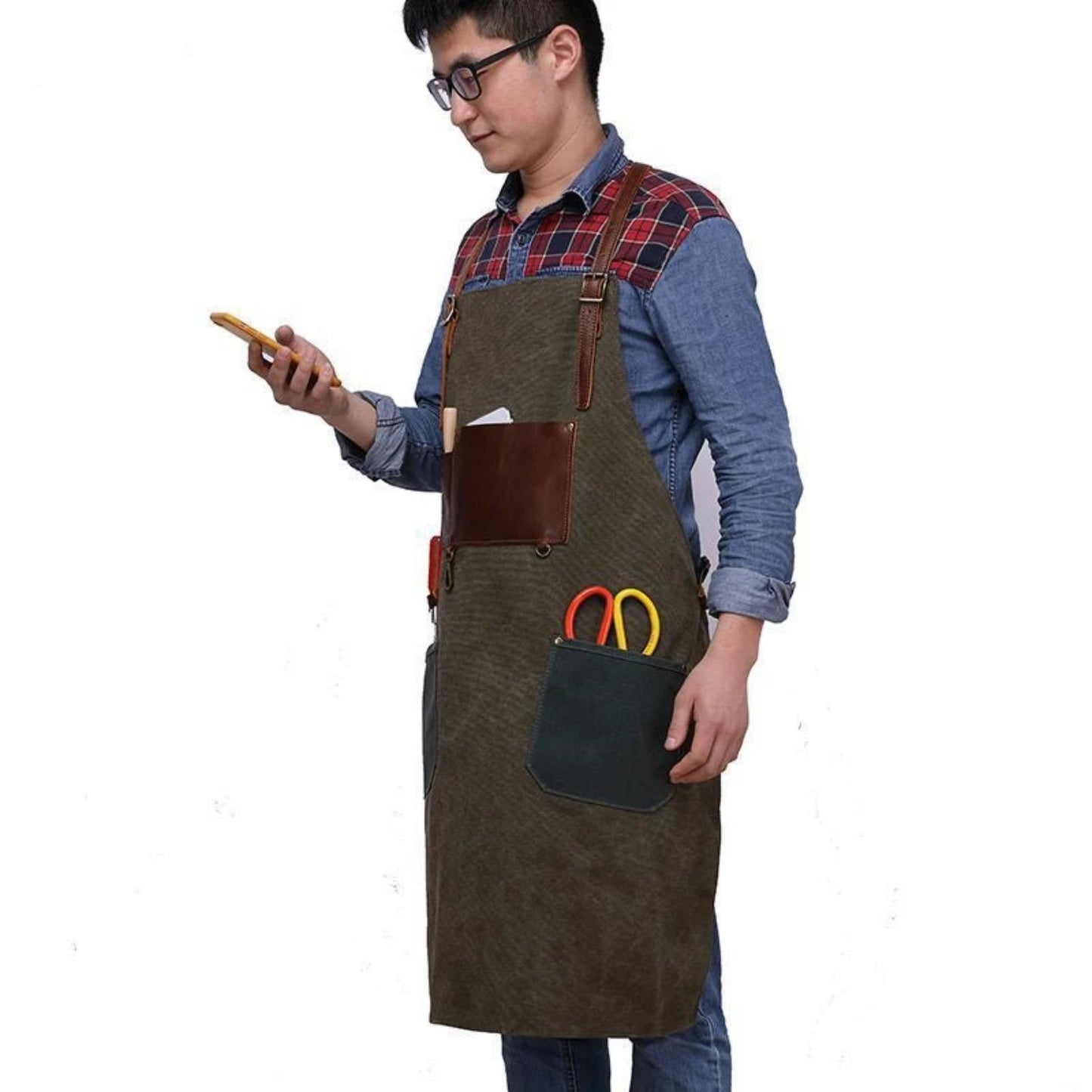 Handmade Vintage Waxed Canvas And Leather Apron - Blue Sebe Handmade Leather Bags