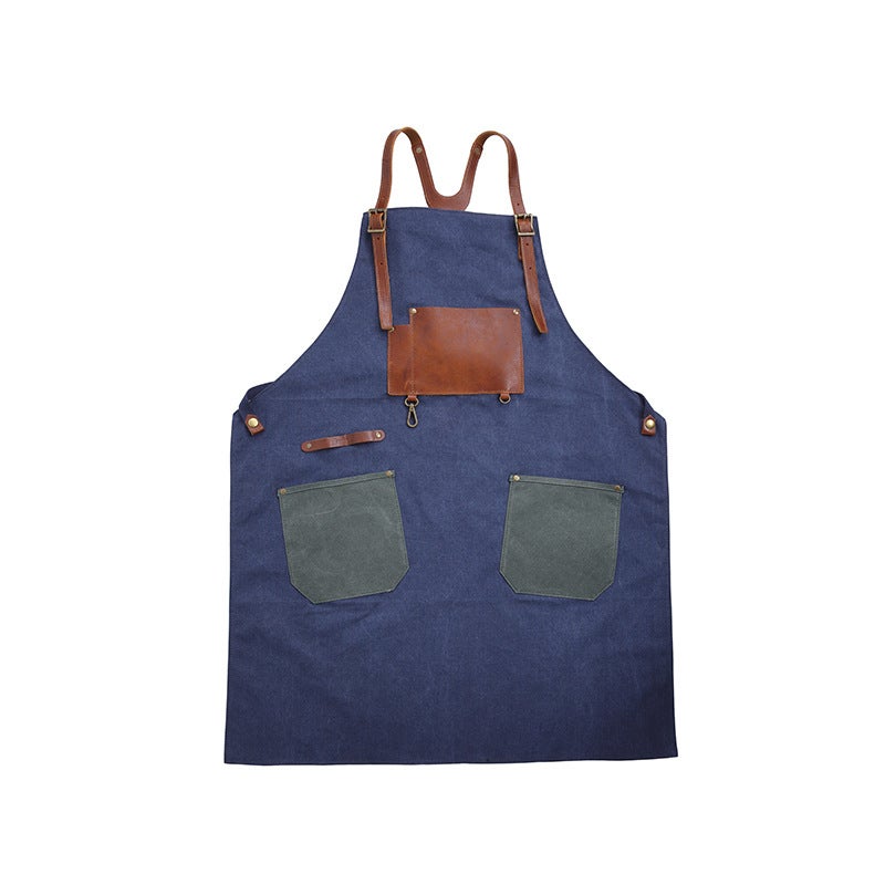 Handmade Vintage Waxed Canvas And Leather Apron - Blue Sebe Handmade Leather Bags
