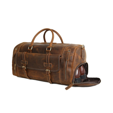 Handmade Vintage Brown Leather Duffle Bag with Shoes Compartment, Travel Bag