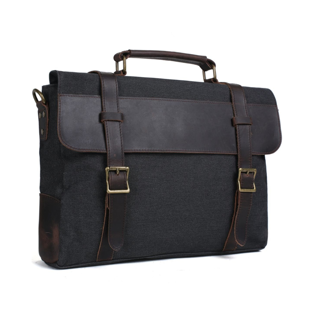 Handmade Waxed Canvas with Leather Briefcase Messenger Bag - Dark Grey