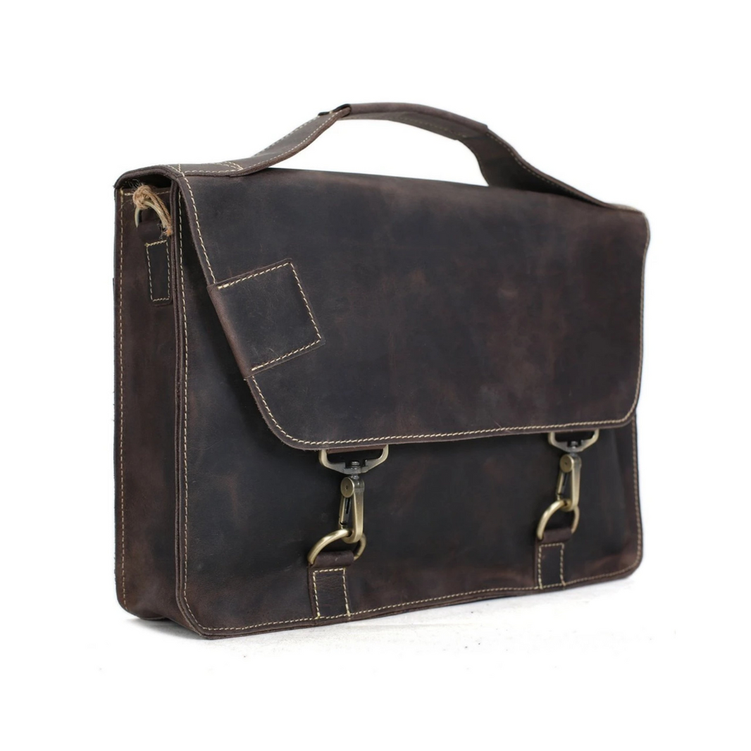 Vintage dark brown leather satchel messenger bag