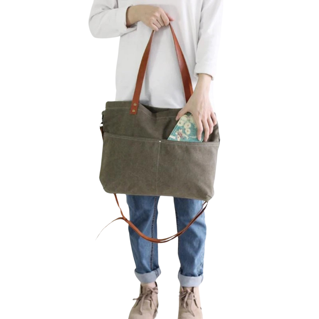 Waxed Canvas with Leather Women Tote Handbag