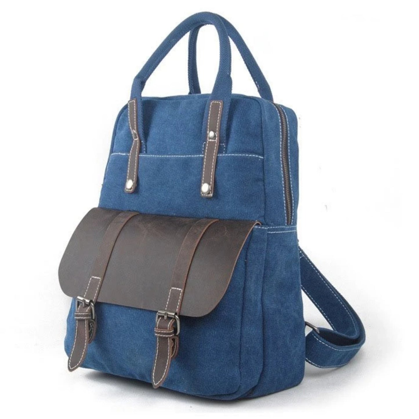 Waxed Canvas  School Backpack Top Handle Handbag - Blue Sebe Handmade Leather Bags