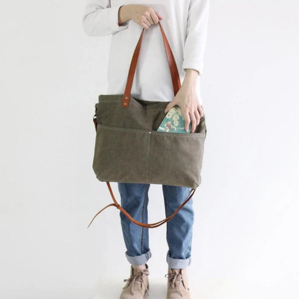Waxed Canvas with Leather Women Tote Handbag - Blue Sebe Handmade Leather Bags