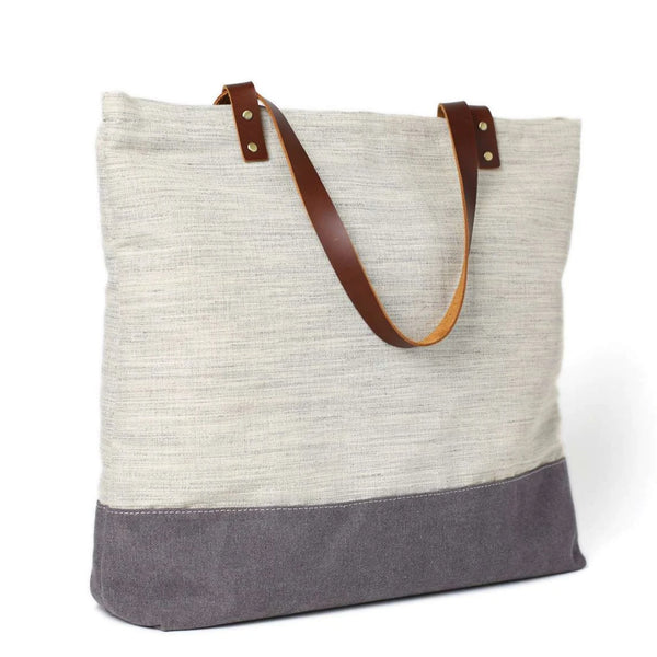 Handmade Canvas Women's Tote Handbag | White with Grey - Blue Sebe Handmade Leather Bags