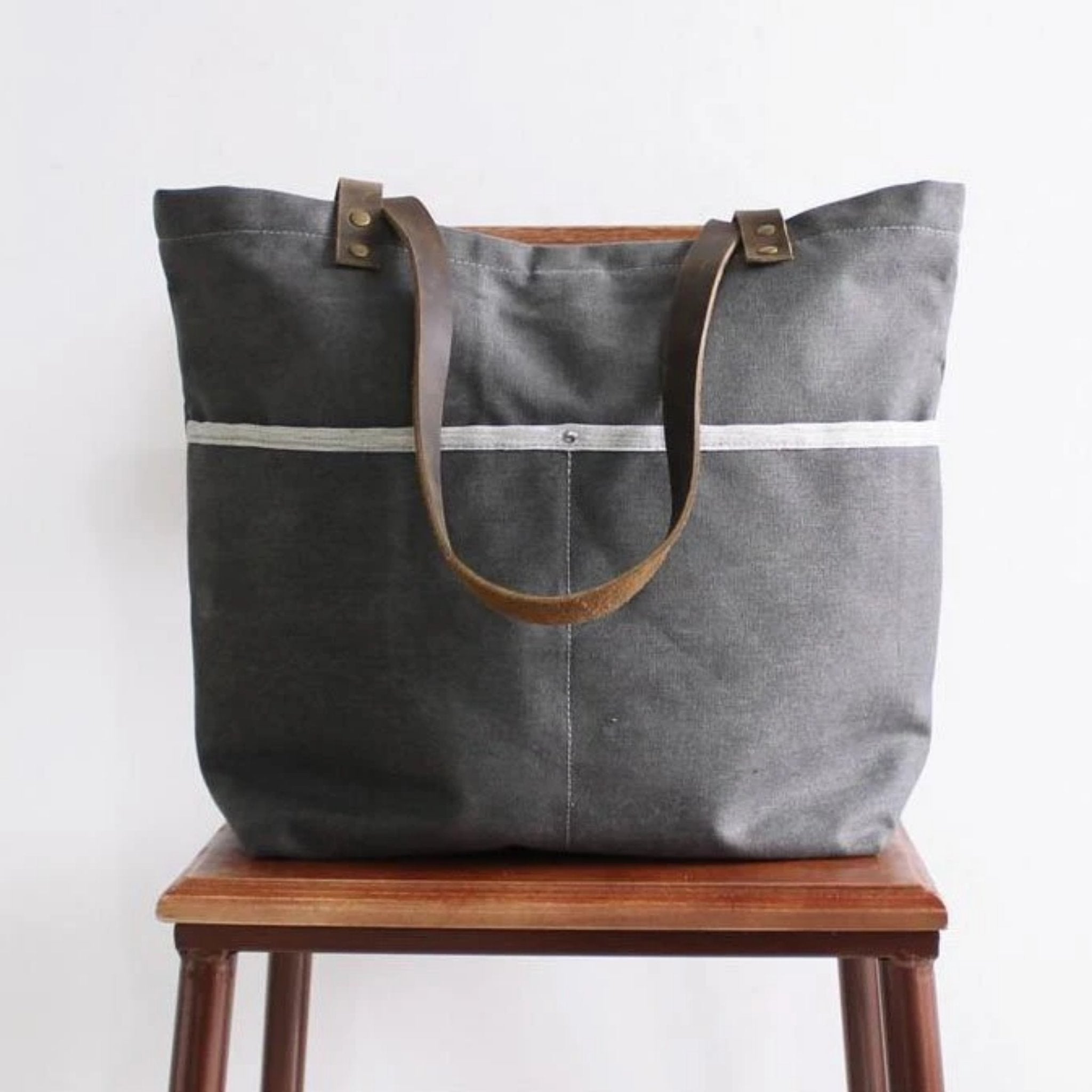 Waxed Canvas Grey Tote Shoulder Bag with Leather Handle - Blue Sebe Handmade Leather Bags