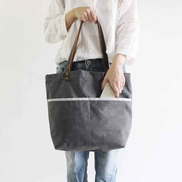 Waxed Canvas Grey Tote Shoulder Bag with Leather Handle - Blue Sebe Handmade Leather Bags