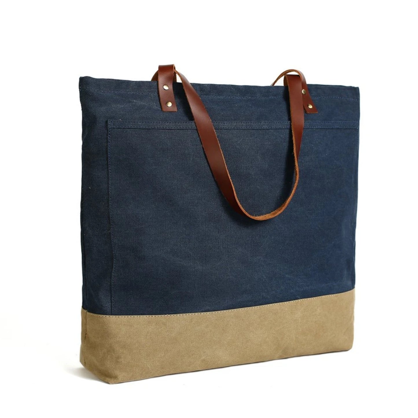 Handmade Canvas Tote Bag with Leather Handle - Blue Sebe Handmade Leather Bags