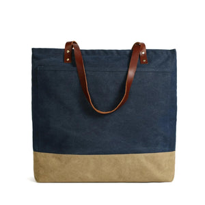 Handmade Canvas Tote Bag with Leather Handle - Blue Sebe Handmade Leather Bags