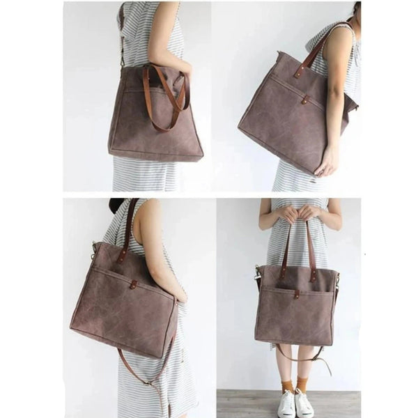 Handmade Canvas Leather Tote Messenger Handbag | Coffee - Blue Sebe Handmade Leather Bags